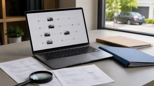 KI-Symbolbild: Laptop mit schematischer Historienübersicht neben Wartungsunterlagen und Rechnungen