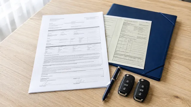 KI-Symbolbild: Fahrzeugpapiere, Vertragsunterlagen, Stift und zwei Autoschlüssel für die Übergabe